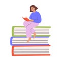 Woman sitting on stack of books and reading