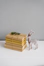 Books in craft covers in a stack, tied with a scourge, next to it is a Christmas deer figurine