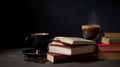 books, with a cup of coffee,a blackboard, education