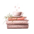 Books and cup of hot drink with hearts, valentines illustration, watercolor style clipart