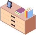 Books and decorations on chest of drawers. Wooden commode, element of home interior design