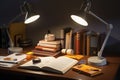 Books on a desk in the dark, illuminated by a lamp