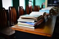 Books on a desk in a school library. Selective focus Royalty Free Stock Photo