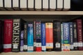 Books/dictionaries of different languages in a library. Old language books at display. Oxford American Dictionary for Learners of