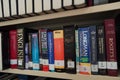 Books/dictionaries of different languages in a library. Old language books at display. Oxford American Dictionary for Learners of