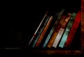 Books on dimly lit bookshelf