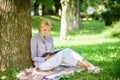 Books every girl should read. Relax leisure an hobby concept. Best self help books for women. Girl concentrated sit park Royalty Free Stock Photo