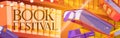 Books festival cartoon banner, bestsellers