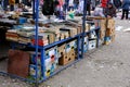 Books at the flea market are sold under the open sky.