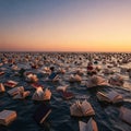 Books float in the ocean at sunset. Royalty Free Stock Photo