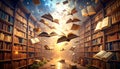 Books flying through a grand library Royalty Free Stock Photo