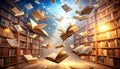 Books flying in a magical library Royalty Free Stock Photo