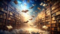 Books flying through a magical library Royalty Free Stock Photo