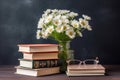 Books, glasses and bouquet of daisies on a dark background. Generative AI.