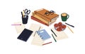 Books, glasses, coffee cup, papers, pens composition. Notebook, diary, tea mug and digital tablet on table. Education