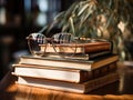 Books and glasses on desk