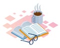 Books, glasses and hot coffee mug, colorful design