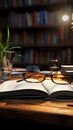 Books and glasses on a wooden desk create a study scene