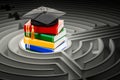 Books with graduation cap inside labyrinth maze. 3D rendering