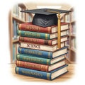 Of books with a graduation cap on top is depicted in a library Royalty Free Stock Photo