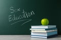 Books on grey table near chalkboard with phrase Royalty Free Stock Photo