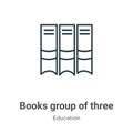 Books group of three from side view outline vector icon. Thin line black books group of three from side view icon, flat vector