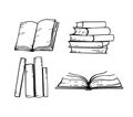 Books hand-drawn black and white set. Open books, in a stack and standing on a shelf. Vector illustration. Royalty Free Stock Photo
