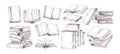 Books hand drawn illustrations set. Open diary, library textbook with empty pages isolated on white background. Closed