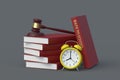 Books with inscription back to school near judge gavel and alarm clock. Education system rules