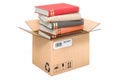Books inside cardboard box, delivery concept. 3D rendering Royalty Free Stock Photo