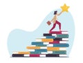 Books and knowledge help achieve goals and success, business lady climbs stacks of books to reach for star. Successful