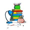 books and lamp with pencils on the table, back to school bright clipart, freehand vector illustration