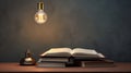 Books with lamp on the table, on gray wall background