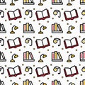 Books, lamps, and stacked books create a neat, educational seamless pattern Royalty Free Stock Photo