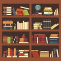 Books in library bookcase. Encyclopedia book at bookshelf. Pile textbooks and magazines at bookshelves vector background Royalty Free Stock Photo