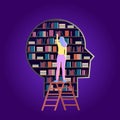 Books library in head shape. A girl standing on the stairs and reaching for the book. Library bookshelves flat vector illustration Royalty Free Stock Photo