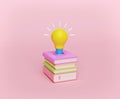 Books and light bulb isolated on pastel background. education, Knowledge creates ideas conceptual design. 3d Royalty Free Stock Photo