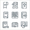 books line icons. linear set. quality vector line set such as book, book, book, bookcase, bible, typewriter