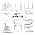 Books linear sketch symbols set. Stack, opened and closed books isolated icons set on white background. Vector library Royalty Free Stock Photo