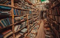 Books with literature and manuals on bookshelves of vintage bookshop