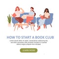 Group of woman sitting on sofa and listening to girl reading book. Books lover club vector landing page Royalty Free Stock Photo