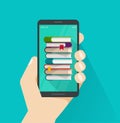 Books on mobile phone screen vector illustration, flat cartoon books stack on smartphone, concept reading on cellphone