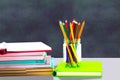 Books ,pen,pencil and office equipment on blue background, education and back to school subject,Clipping path