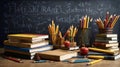 Books And Pencils, Colourful School equipment on the table in the school on the blackboard Royalty Free Stock Photo