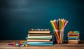 Books and Pencils Stacked on School Table with Blackboard Background. AI Royalty Free Stock Photo