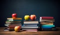 Books and Pencils Stacked on School Table with Blackboard Background. AI Royalty Free Stock Photo