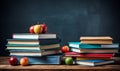 Books and Pencils Stacked on School Table with Blackboard Background. AI Royalty Free Stock Photo