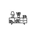 books, plant, wardrobe line illustration icon on white background