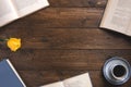 Books with poems, cup of coffee, rose, on wooden background