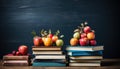 Books in a rainbow stack on a wooden surface with a chalkboard backdrop, education pictures for website Royalty Free Stock Photo